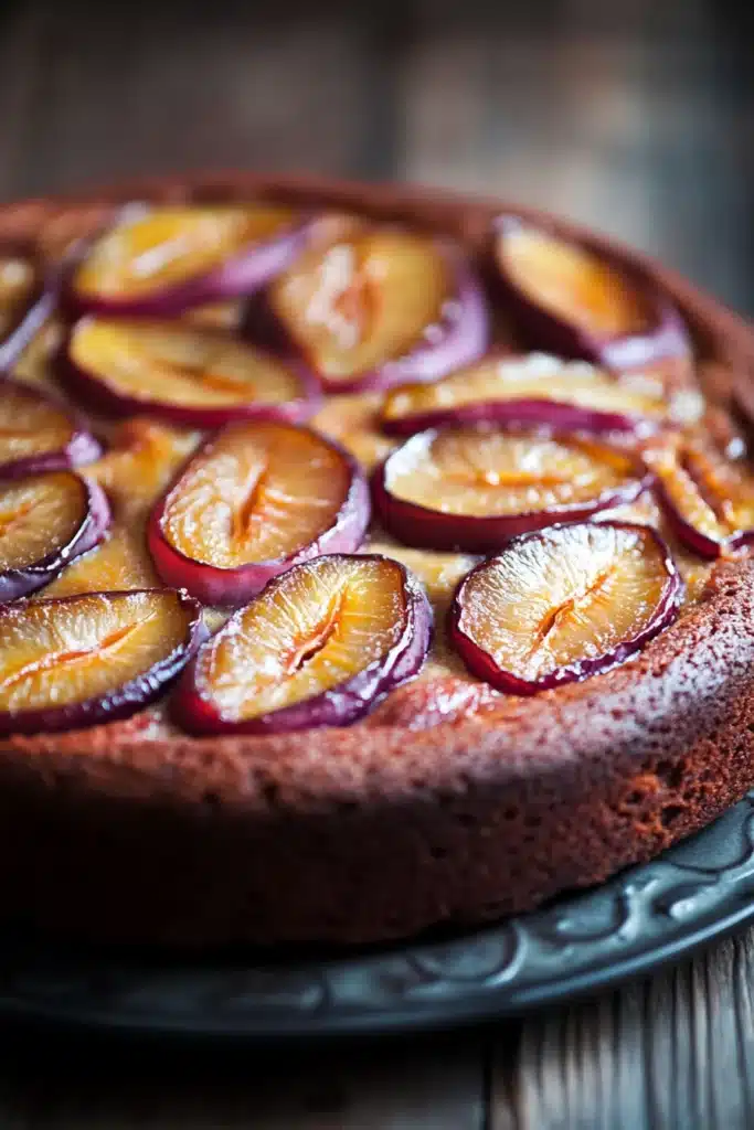 Close-up of a delicious plum cake allo yogurt from Giallo Zafferano with a golden crust and moist texture.