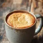 Close-up of a protein yogurt mug cake with a golden-brown top in a white mug.