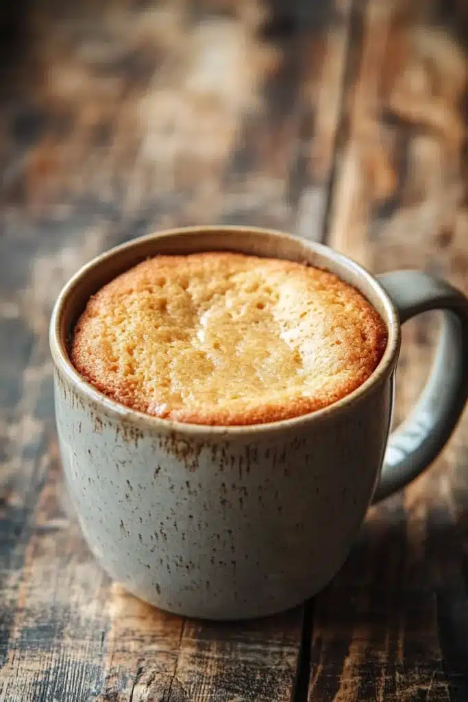 Close-up of a protein yogurt mug cake with a golden-brown top in a white mug.