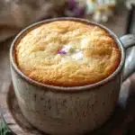 Close-up of a protein yogurt mug cake with a creamy texture and warm lighting.