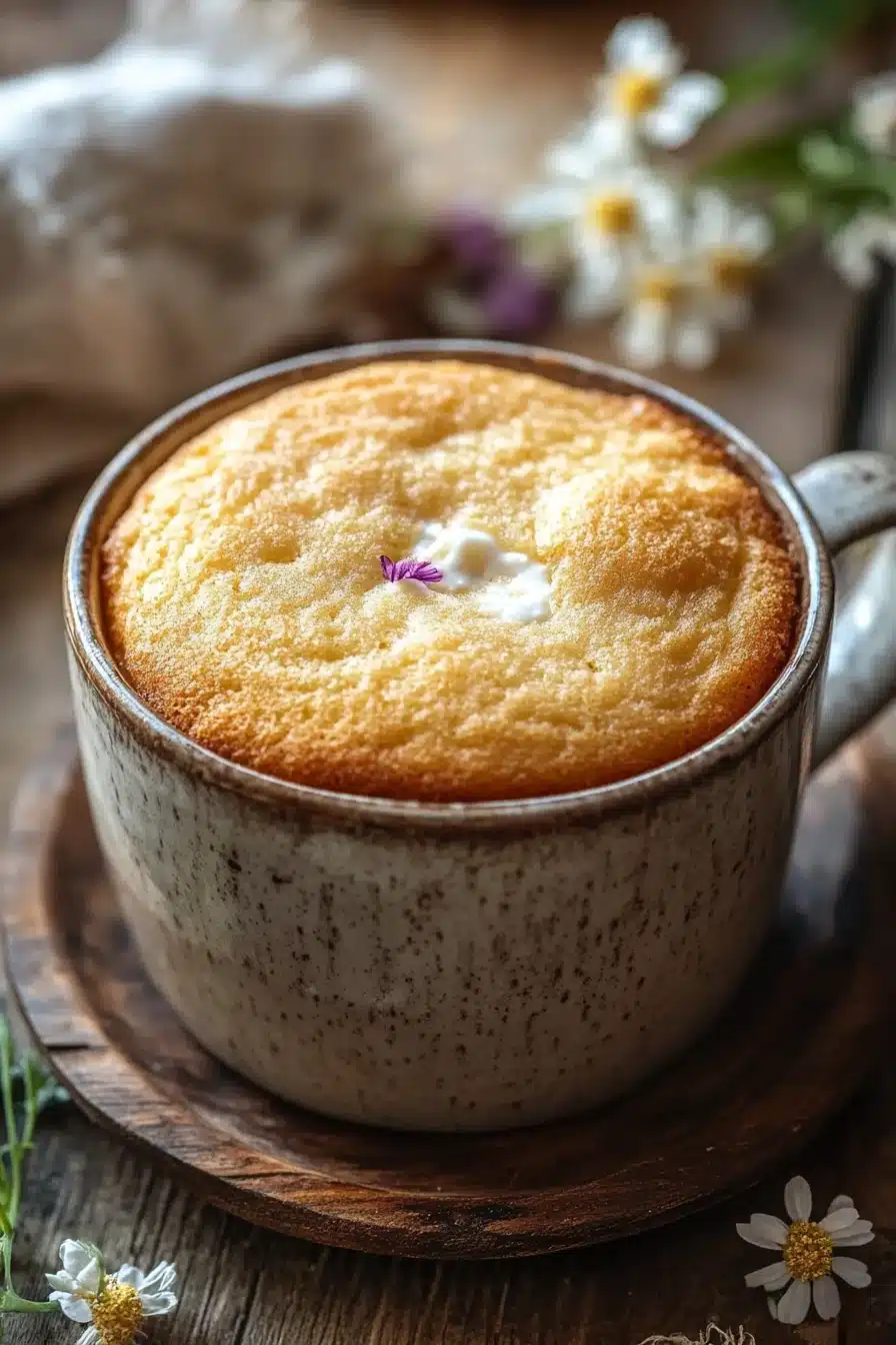 Close-up of a protein yogurt mug cake with a creamy texture and warm lighting.