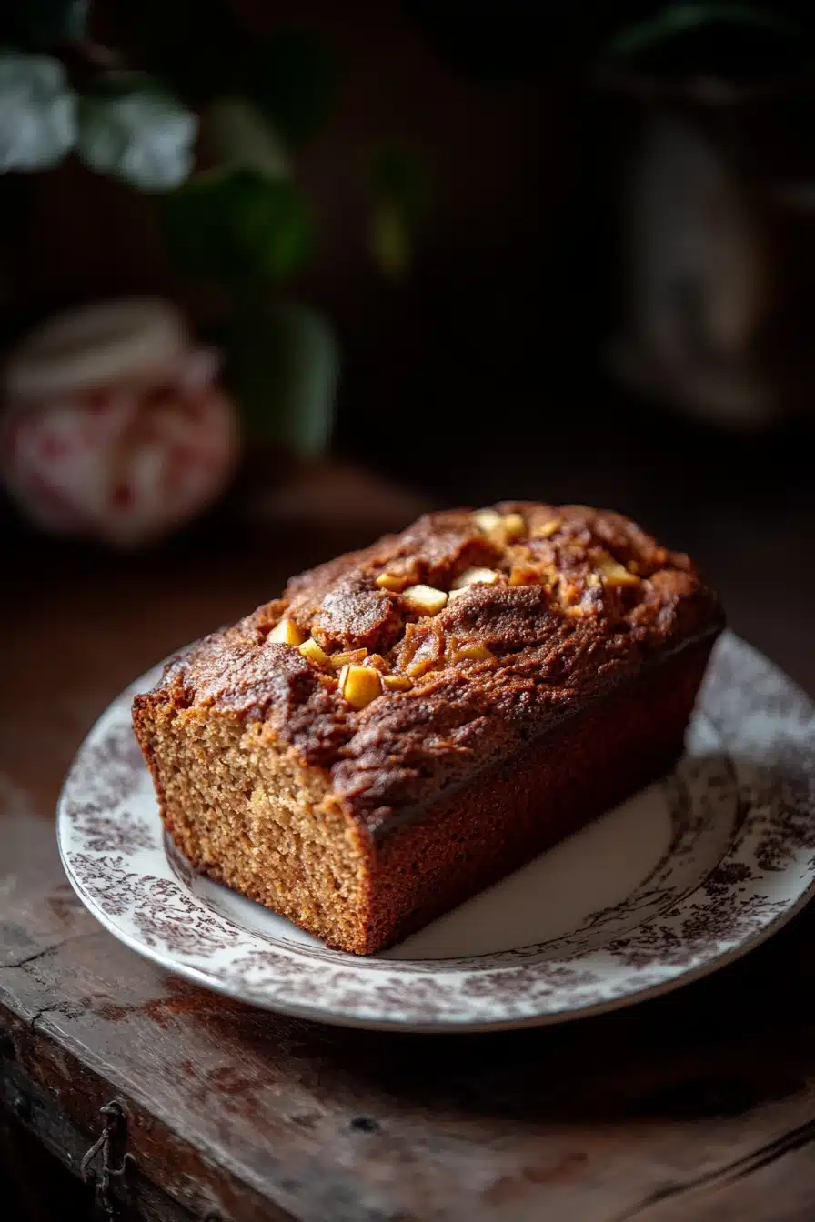 Close-up of pumpkin apple bread with a golden crust and visible apple pieces.