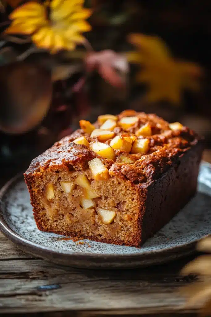 Close-up of pumpkin apple bread with a golden crust on a clean background