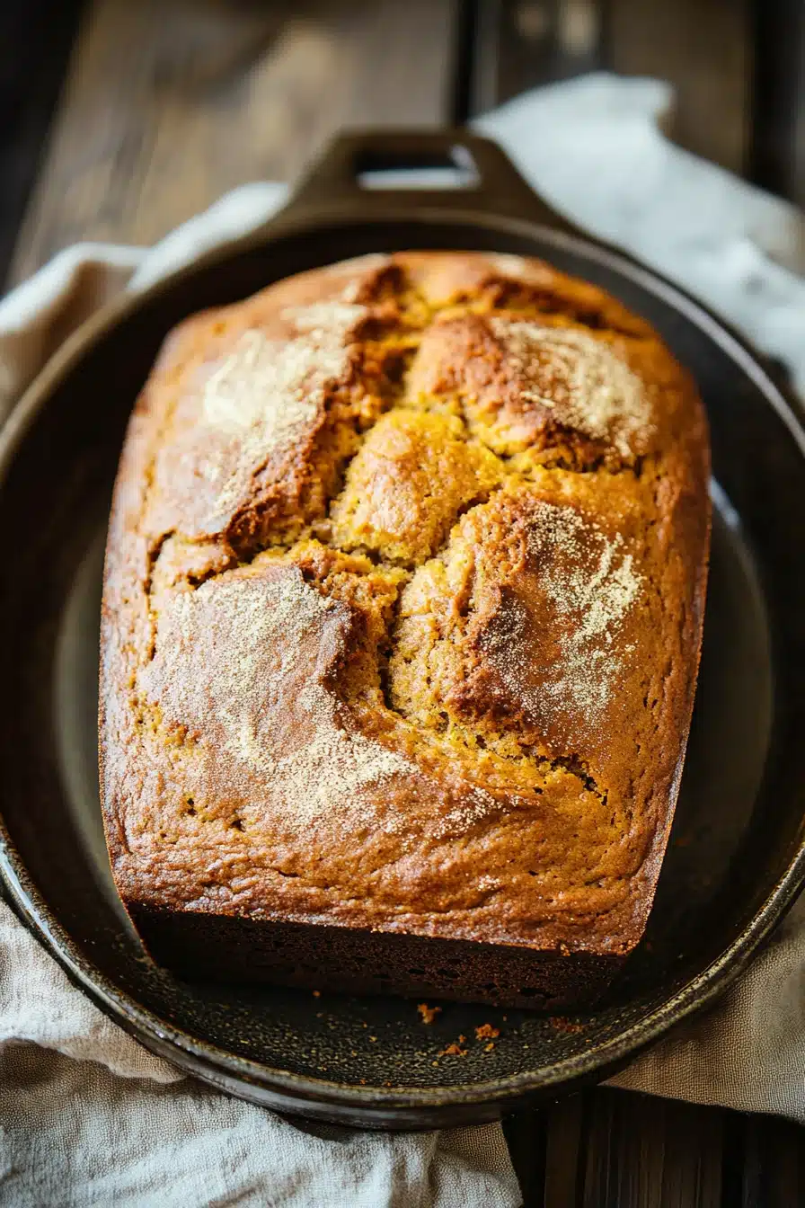 Close-up of freshly baked pumpkin bread in a dutch oven with a golden crust