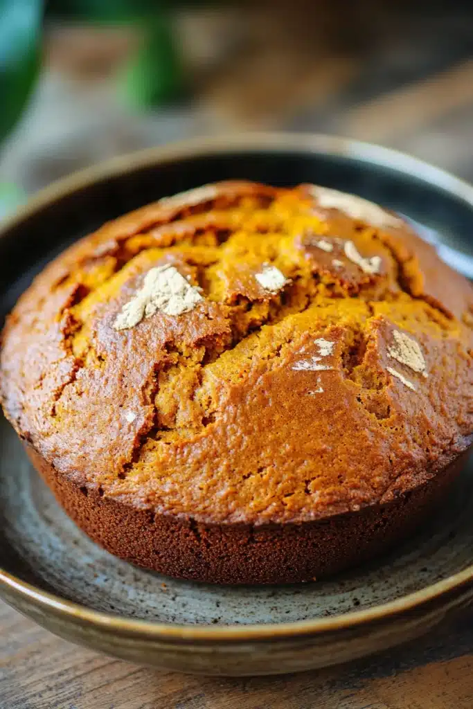 Close-up of freshly baked pumpkin bread in a Dutch oven with a golden crust.