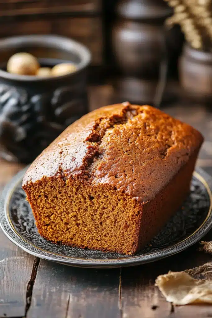 Close-up of pumpkin bread made with evaporated milk, showcasing its moist texture and golden crust.
