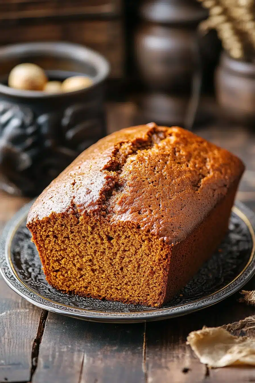 Close-up of pumpkin bread made with evaporated milk, showcasing its moist texture and golden crust.