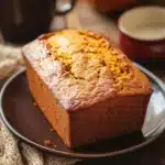 Close-up of pumpkin bread with a drizzle of evaporated milk on a clean background