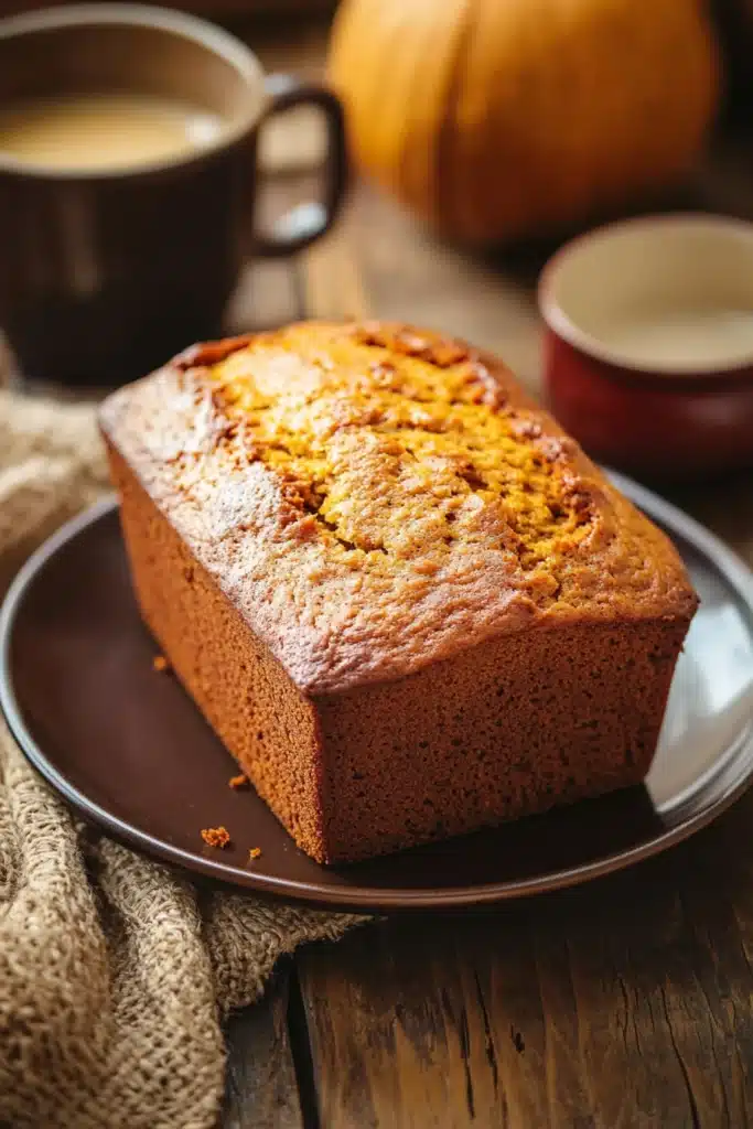 Close-up of pumpkin bread with a drizzle of evaporated milk on a clean background