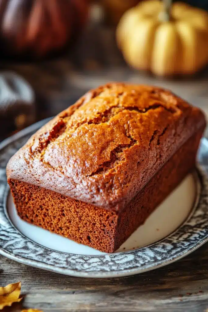 Close-up of freshly baked pumpkin bread with a golden crust on a wooden board.
