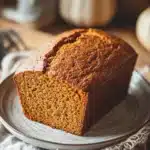 Close-up of freshly baked pumpkin bread with a golden crust on a wooden board.