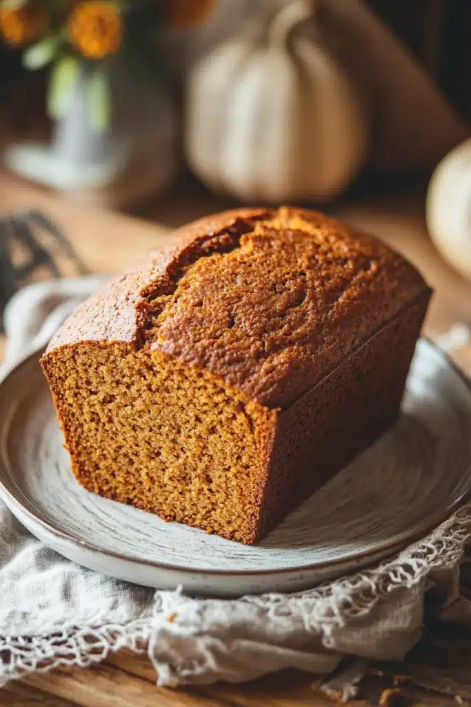 Close-up of freshly baked pumpkin bread with a golden crust on a wooden board.