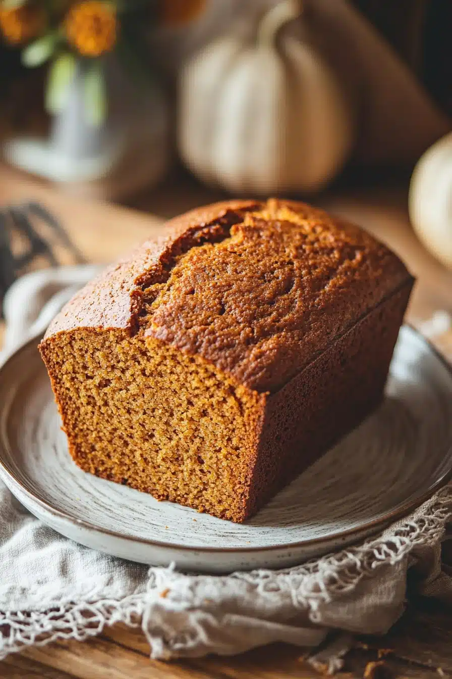 Close-up of freshly baked pumpkin bread with a golden crust on a wooden board.