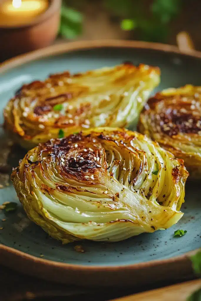 Close-up of roasted cabbage with crispy edges and a light seasoning