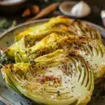 Close-up of roasted cabbage with crispy edges and a clean background
