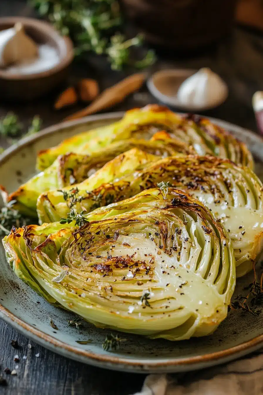 Close-up of roasted cabbage with crispy edges and a clean background