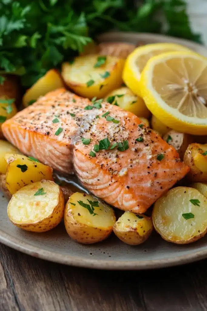 Close-up of a salmon potato dinner with bright lighting and clean background
