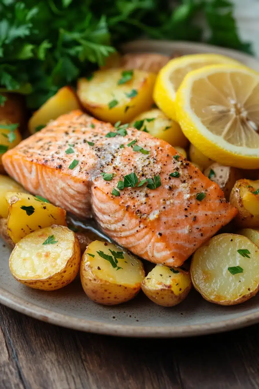 Close-up of a salmon potato dinner with bright lighting and clean background