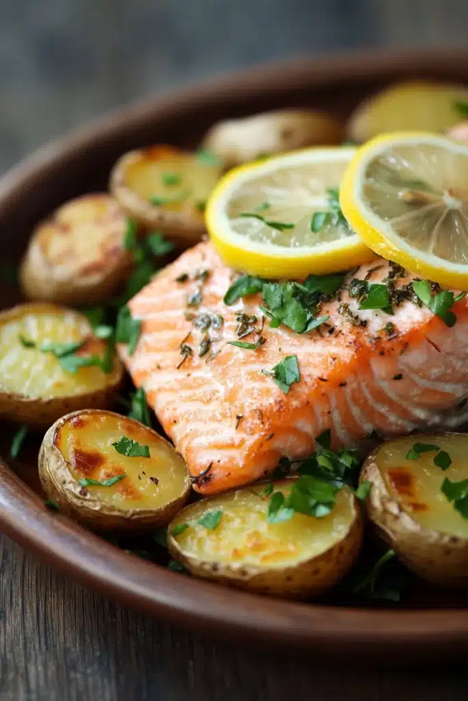 Close-up of a salmon and potato dinner with bright lighting and clean background