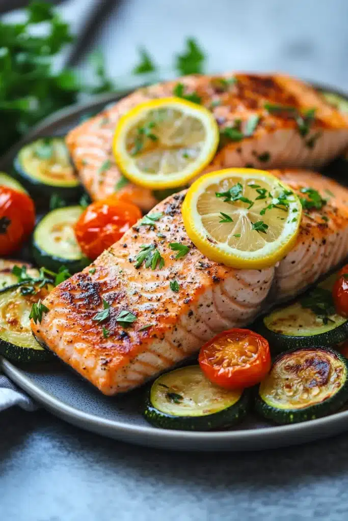 Close-up of a salmon sheet pan dinner with zucchini, bright and appetizing.