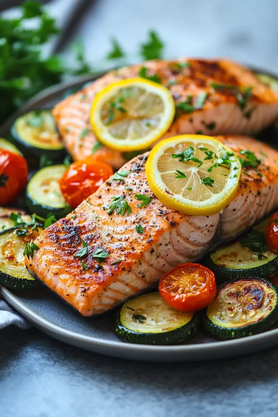 Close-up of a salmon sheet pan dinner with zucchini, bright and appetizing.