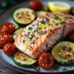 Close-up of a salmon sheet pan dinner with zucchini, featuring bright colors and appetizing textures.
