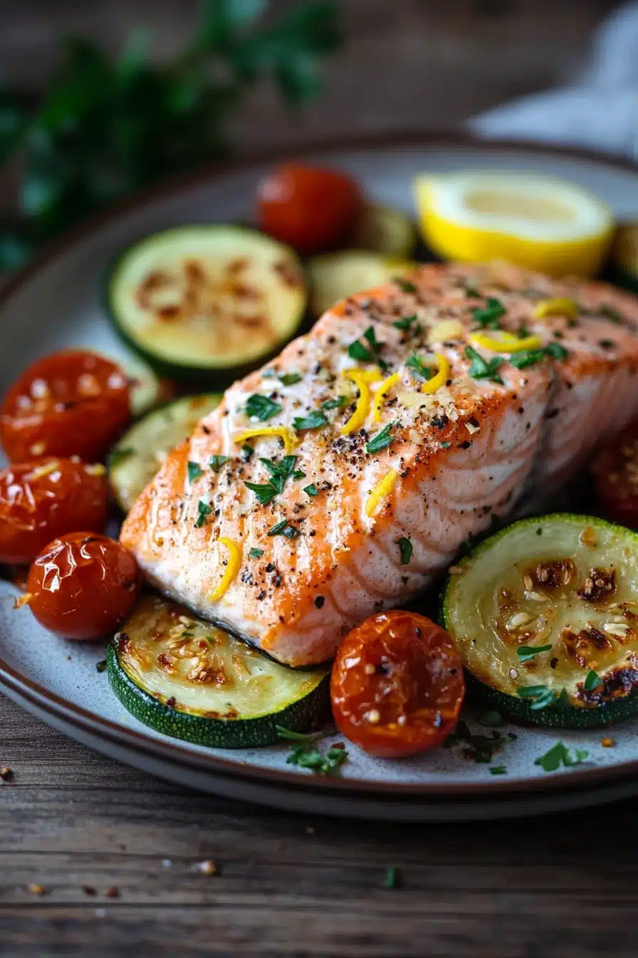 Close-up of a salmon sheet pan dinner with zucchini, featuring bright colors and appetizing textures.