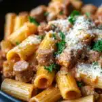 Close-up of a sausage rigatoni pasta skillet with a rich, creamy sauce and herbs.
