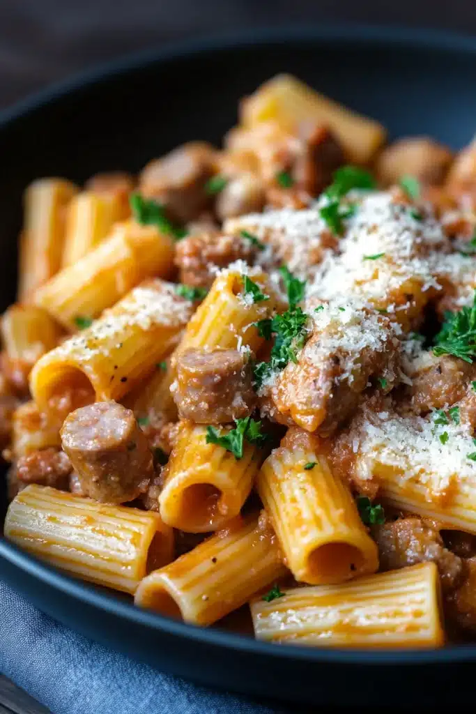 Close-up of a sausage rigatoni pasta skillet with a rich, creamy sauce and herbs.