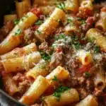 Close-up of sausage rigatoni pasta skillet with creamy sauce and herbs