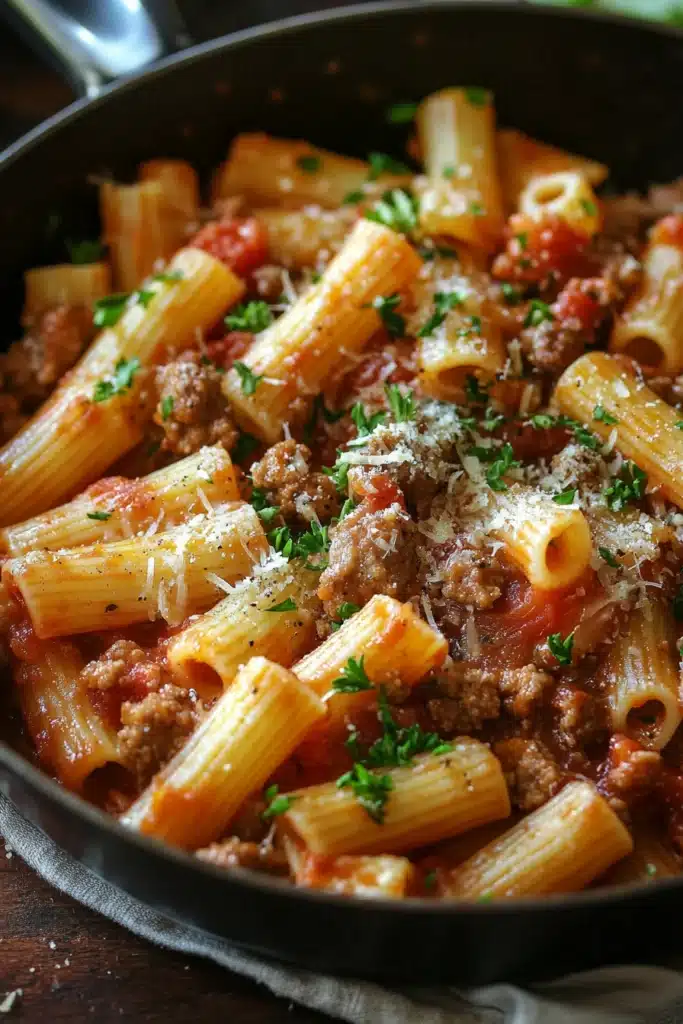 Close-up of sausage rigatoni pasta skillet with creamy sauce and herbs