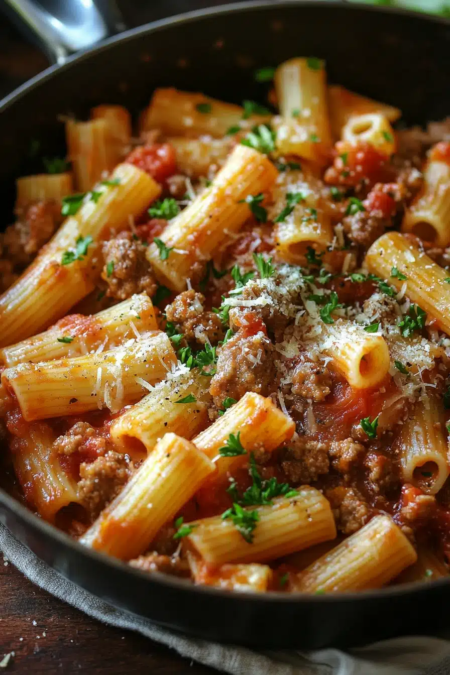 Close-up of sausage rigatoni pasta skillet with creamy sauce and herbs