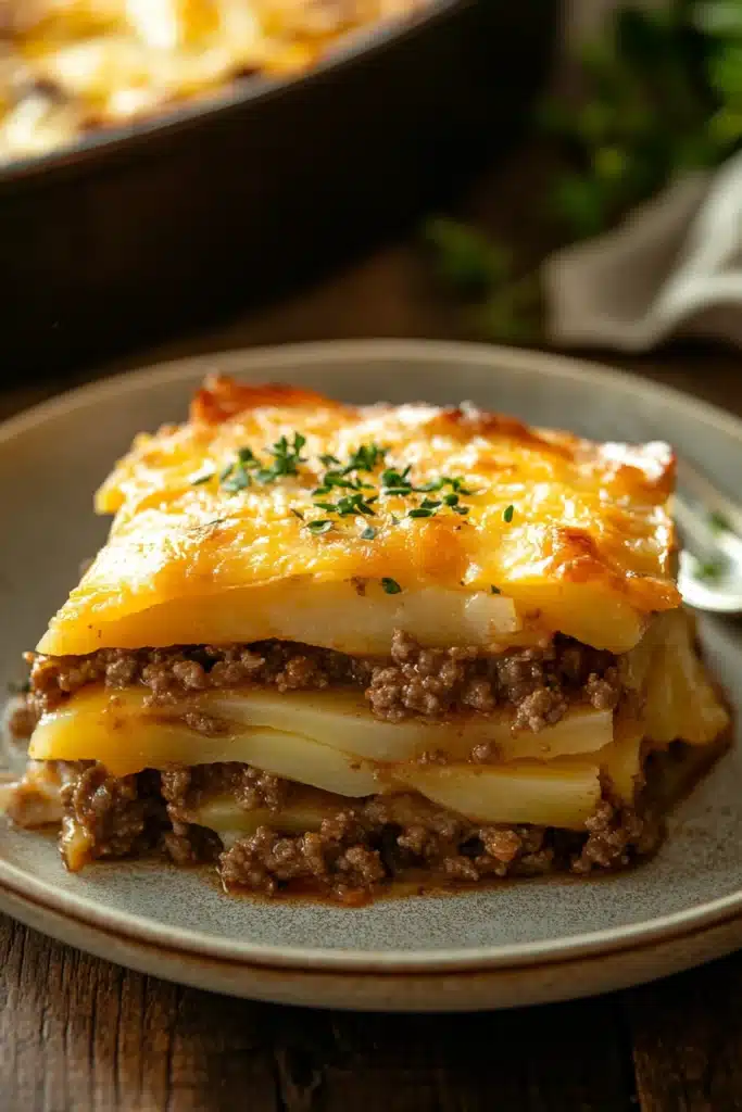 Close-up of scalloped potato ground beef casserole with golden cheese topping