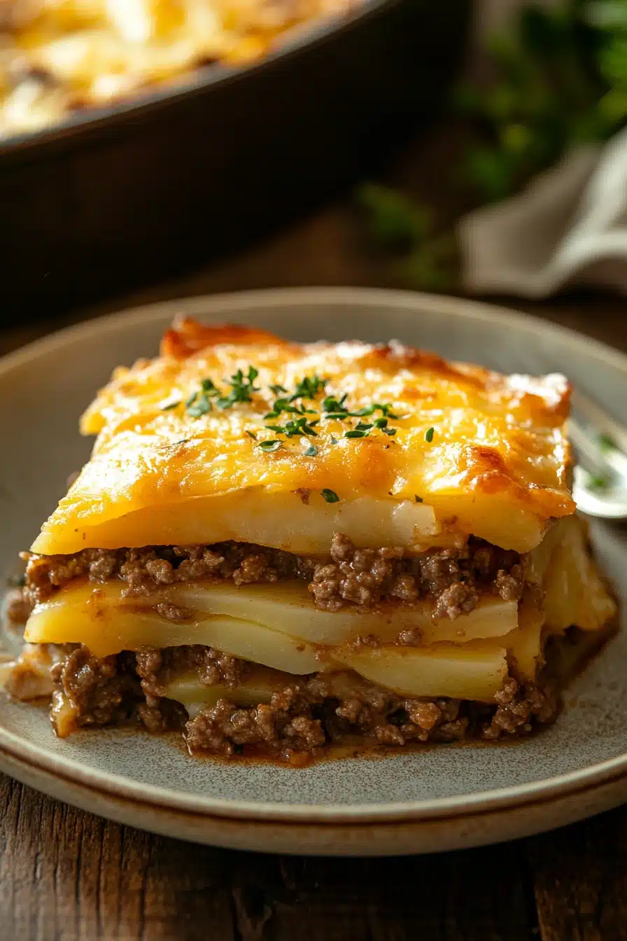Close-up of scalloped potato ground beef casserole with golden cheese topping