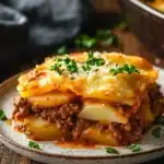 Close-up of scalloped potato ground beef casserole with golden cheese topping