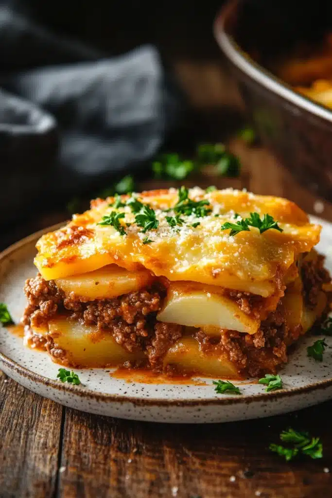 Close-up of scalloped potato ground beef casserole with golden cheese topping