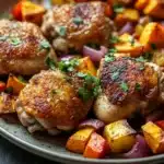 Close-up of a sheet pan dinner with sweet potatoes, vegetables, and herbs in warm lighting.