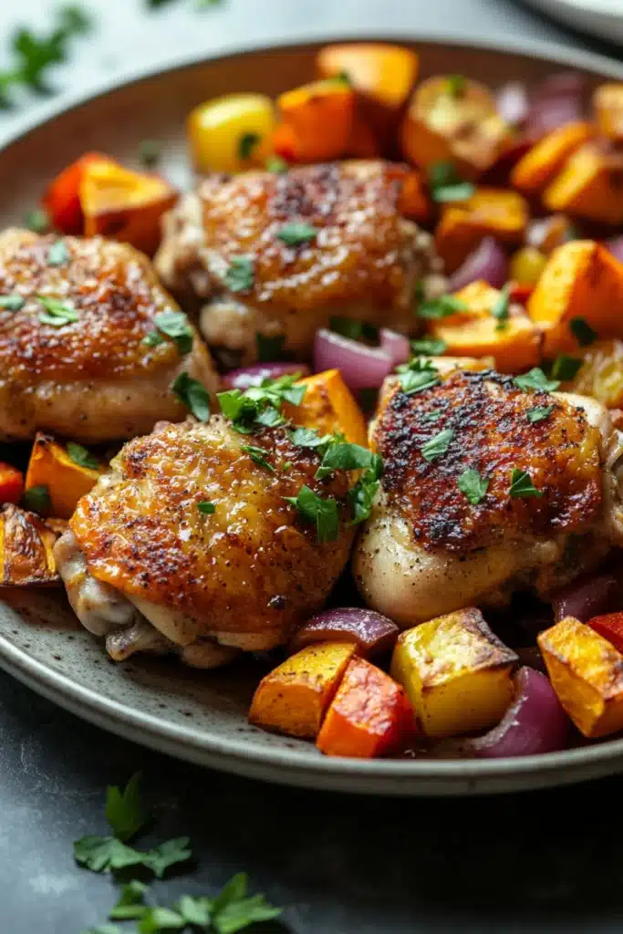 Close-up of a sheet pan dinner with sweet potatoes, vegetables, and herbs in warm lighting.