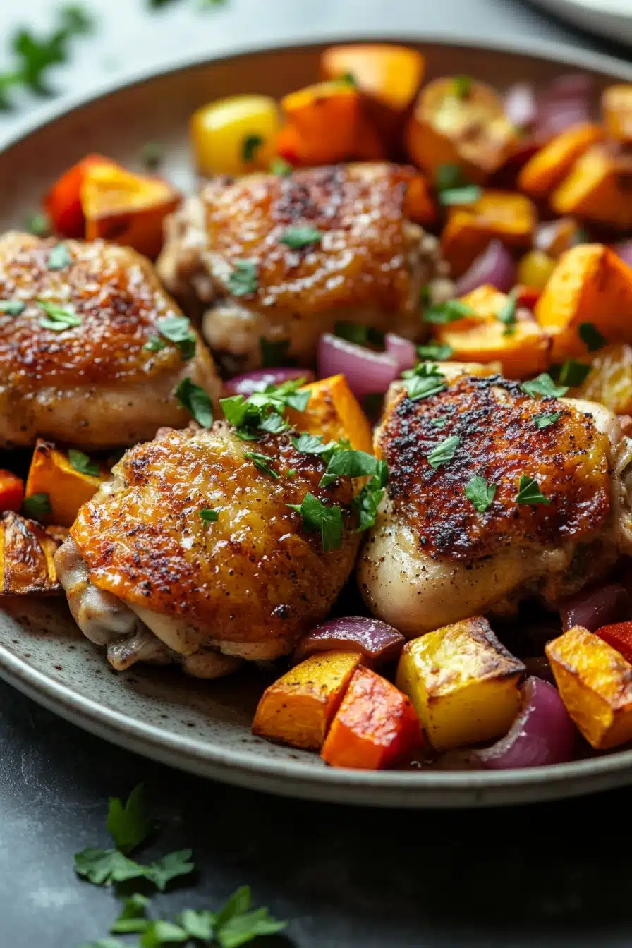 Close-up of a sheet pan dinner with sweet potatoes, vegetables, and herbs in warm lighting.