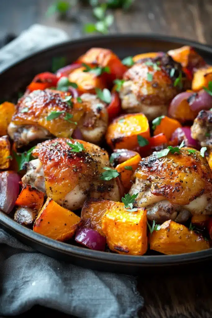 Close-up of a sheet pan dinner with roasted sweet potatoes and vegetables, vibrant and appetizing.