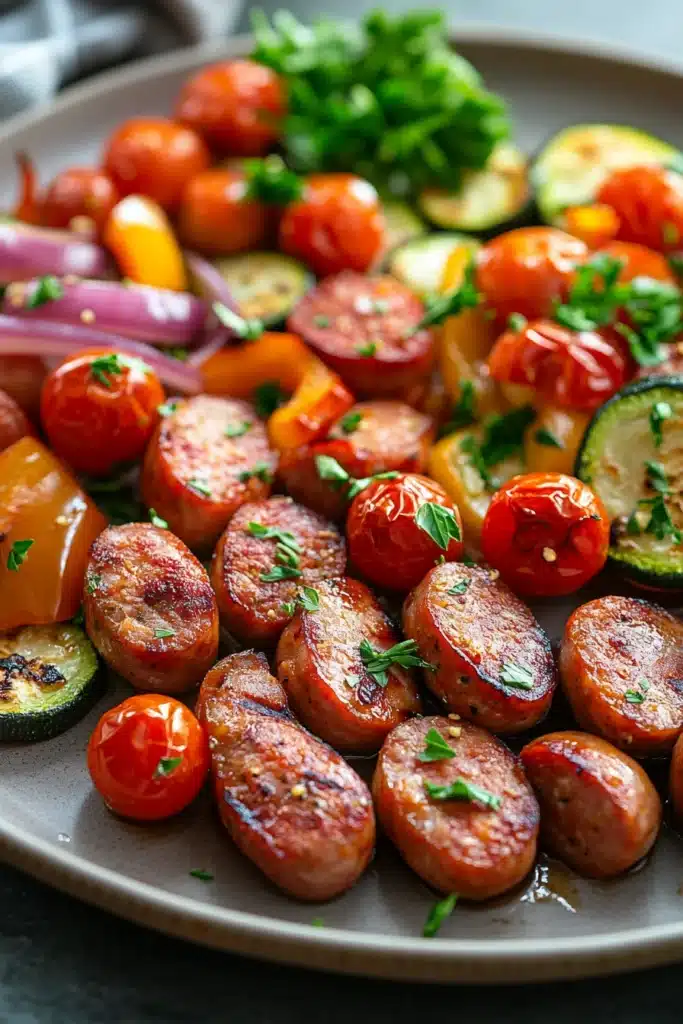 Sheet pan kielbasa chicken sausage with roasted vegetables and herbs
