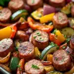 Sheet pan kielbasa chicken sausage with roasted vegetables on a baking tray