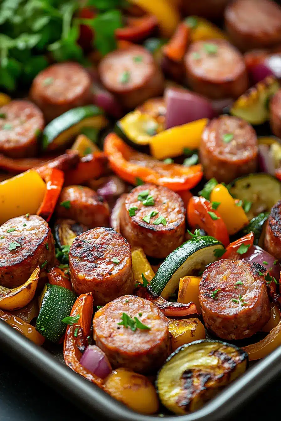 Sheet pan kielbasa chicken sausage with roasted vegetables on a baking tray