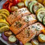 Close-up of sheet pan salmon and vegetables with bright natural lighting