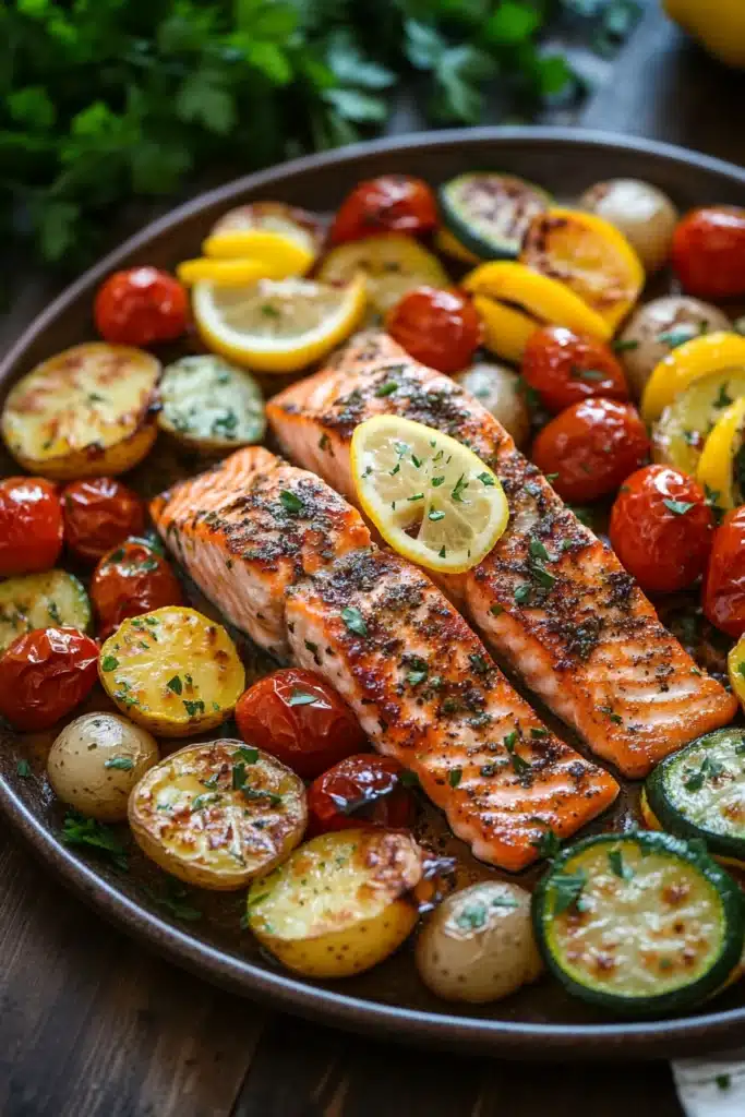 Close-up of sheet pan salmon and vegetables with bright colors and clean presentation