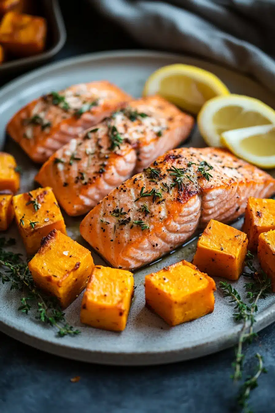Sheet pan salmon with sweet potatoes and herbs on a baking tray