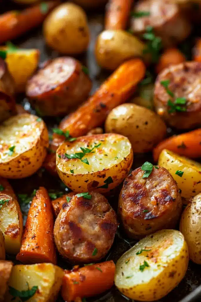 Close-up of sheet pan with sausage, potatoes, and carrots in bright natural light