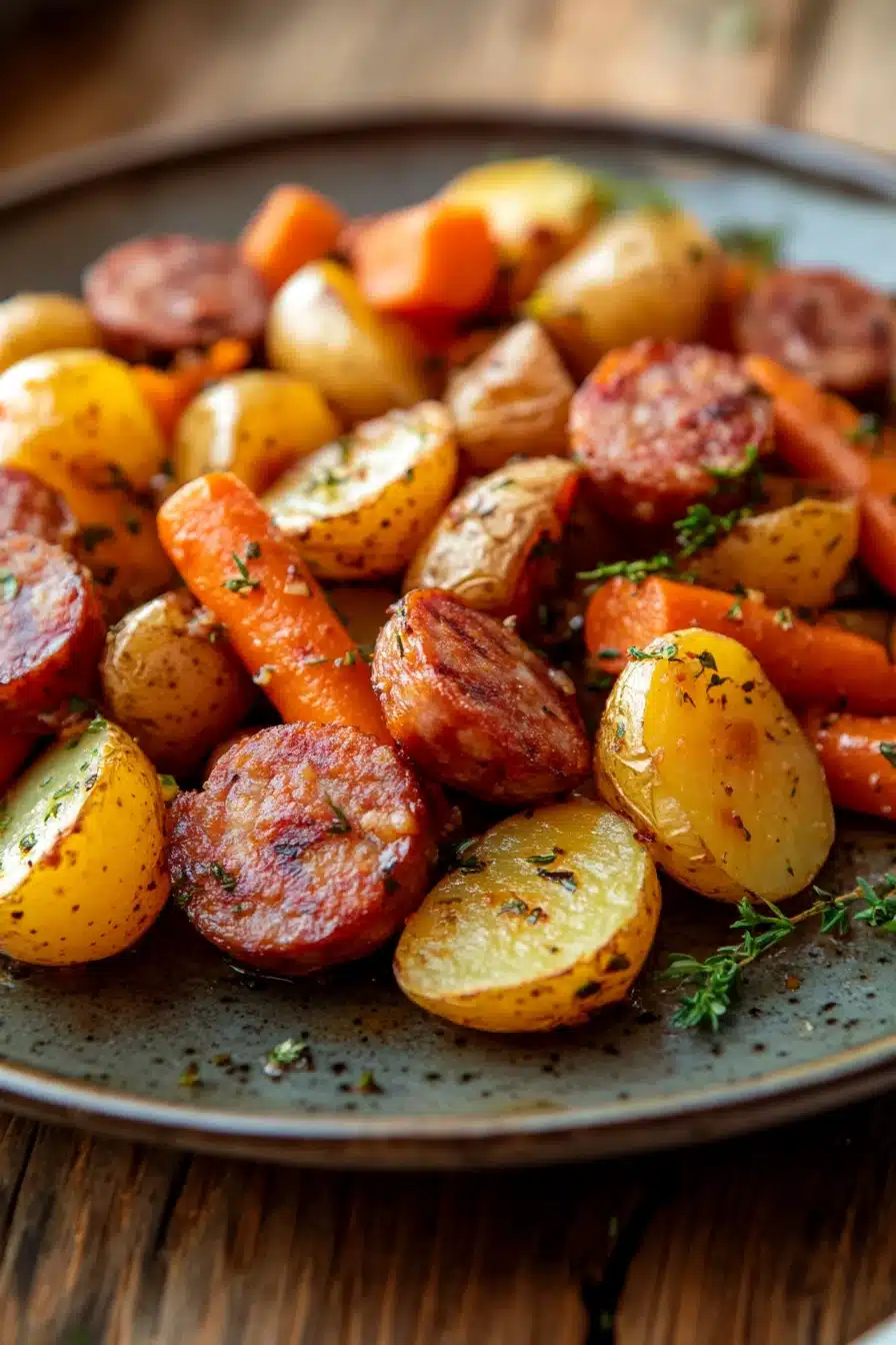 Sheet pan with roasted sausage, potatoes, and carrots in a bright, appetizing close-up.