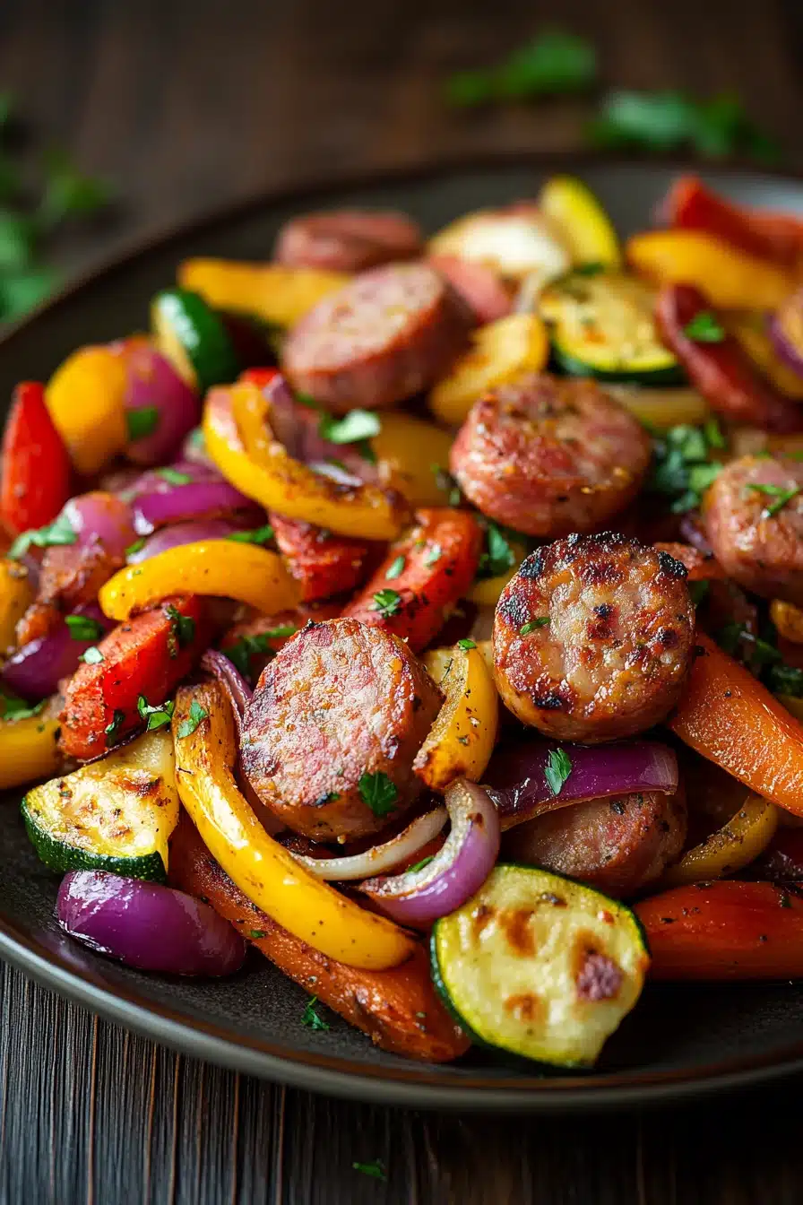 Close-up of roasted sheet pan vegetables and sausage with bright colors and textures