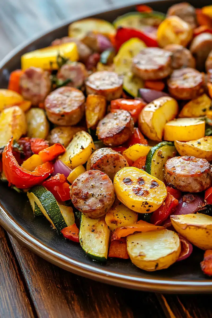 Close-up of sheet pan vegetables and sausage with vibrant colors and minimal background.
